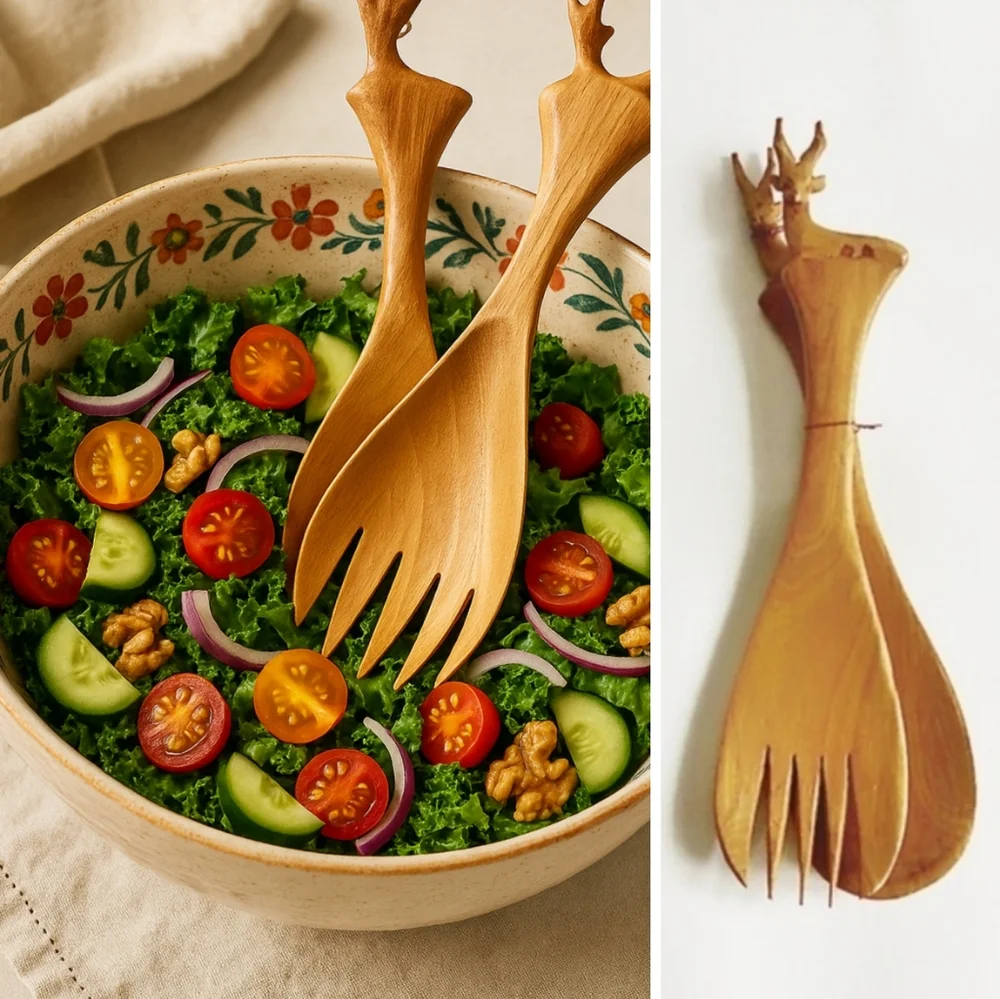 WOODEN SALAD SERVERS Hand Carved Elk Spoon Fork Vintage Kenya